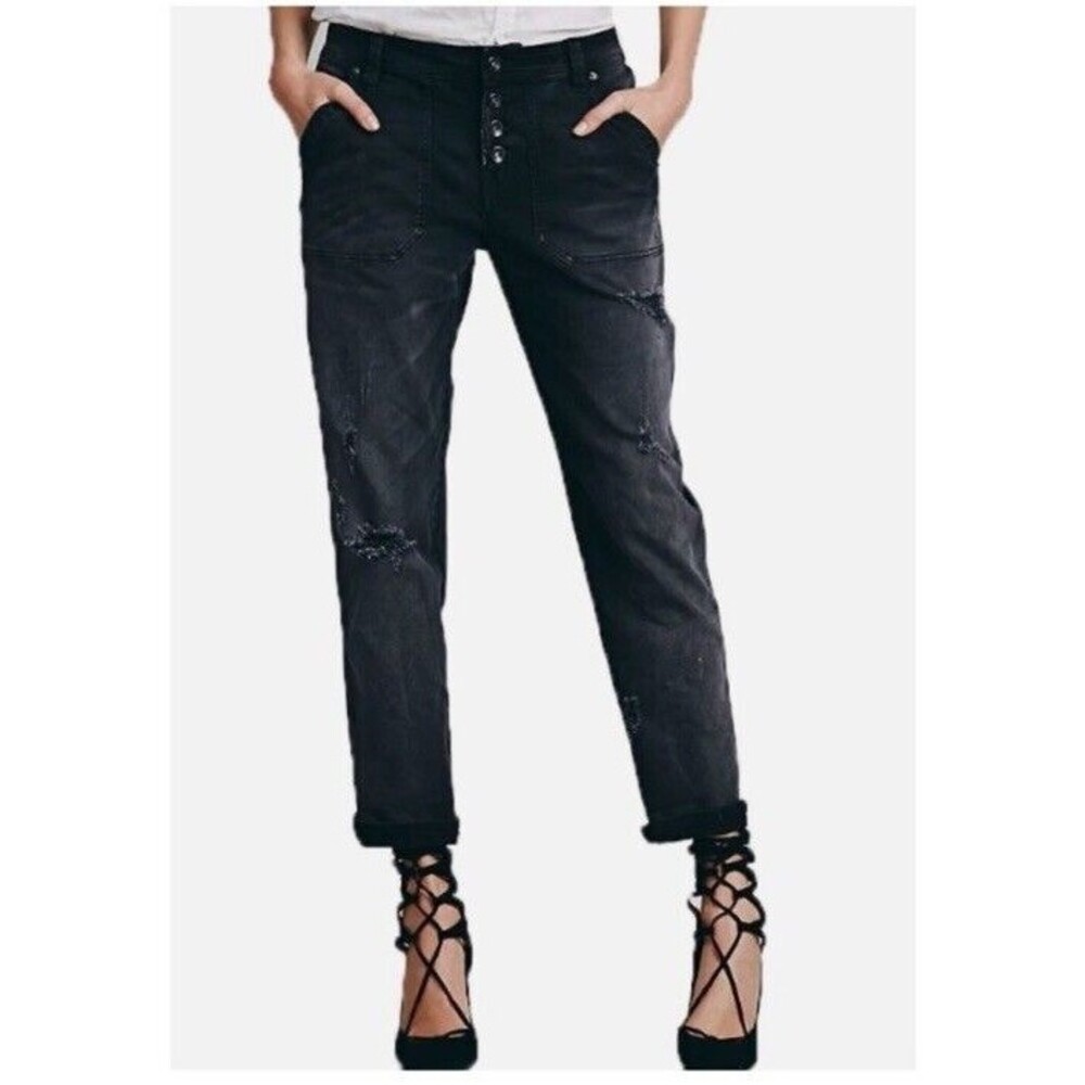 Free People Black Distressed Mid Rise Straight Leg Mountaineer Jeans Size 0